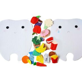 Happy tooth - Sad tooth, Good and bad food for teeth, Felt sorting activity, Handmade by TomToy, 21x24cm tooth, Set of 2 teeth + 20 food pcs in Saudi Arabia