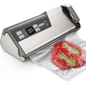 Vacuum Sealer Machine, Powerful 95kPa 140W One Hand Operation Food Sealer, Double Seal Strip with Build-in Cutter & Countdown Display, 2 Bag Rolls, 5PCS Pre-cut Bags, PULSE & Marinate