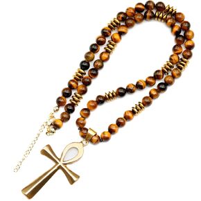 ElisaJewelryArt - Natural Tiger Eye Beaded Ankh Pendant Necklace Genuine Gemstone Fear Stone Clasp Closure Egyptian Necklace Unisex Necklace (22, Tiger Eye)