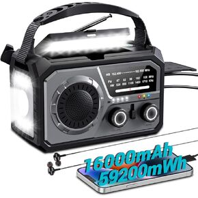 16000mah Emergency Weather Radio Hand Crank Radio Solar Radio Battery Powered Radio,Portable Am/Fm/Wb NOAA Radio with Wireless,Phone Charger,SOS,Compass,Flashlight,Reading Lamp,Survival Radio Grey