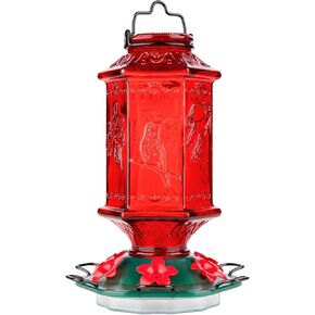 Hummingbird Feeder for Outdoors, Lantern Shaped Bottle, 6 Simulation Flowers Feeding Ports, 26 fl.oz, Hanging for Garden Yard, Rust Proof, Red(Ant Moat Included)