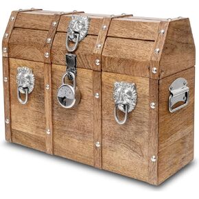 Handmade Pirate Treasure Chest with Lock and Keys - 16 x 12 Inch Vintage Wooden Storage Trunk with Hinged Lid - Antique Storage Decorative Box Made of Strong and Durable Mango Wood (Brown)
