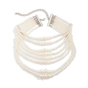 Chunky Simulated Pearl Statement Necklace Layered Multi Strands Pearls Beads Necklace Vintage Pearl Choker Necklace Earrings for Women Wedding Party Jewelry (Pearl Choker Necklace)