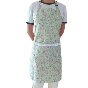 Women Flower Aprons with Pocket Vintage Kitchen Apron with Adjustable Neck Strap Home Gardening (Green)