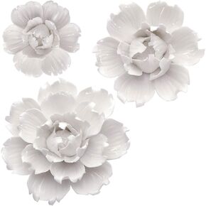 BINGNENG Handmade Ceramic Flower Wall Decor, Porcelain Flower Decoration, White 3 Packs of Set (2.8",3.54",4.72")