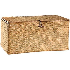 DOKOT Rectangular Handwoven Seagrass Small Storage Basket with Lid for Shelves and Home Organizer Bins,S (10.2"x5.5"x4.3"H), Yellow