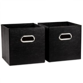 PRANDOM Leather Foldable Cube Storage Bins 13x13 inch [4-Pack] Fabric Storage Baskets Cubes Drawer with Cotton Handles Organizer for Shelves Nursery Closet Bedroom Clothes Black