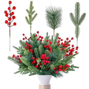 60 Pcs Christmas Artificial Pine Branches with Red Berry Stems, 11.4 inch Faux Plastic Greenery Pine Sprigs 8.7 inch Red Berries Pine Picks for DIY Garland Wreath Crafts Christmas Tree Home Decor