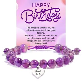 "GOOD LUCK" Birthday Gifts Bracelets, Natural Stone, Adjustable Birthday Gifts Bracelets for Girls Women 5-30 Year Old, Best Birthday Gift for Daughter Granddaughter Wife Mom and Sisters (amethyst)