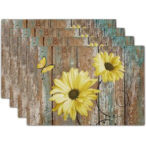 Giwawa Rustic Daisy Placemats Set of 4- Yellow Sunflowers Vintage Wood Board Linen Place Mat- Farmhouse Wooden Floral Non Slip Heat Resistant Table Mats for Kitchen Dining Cabin Lodge Decor