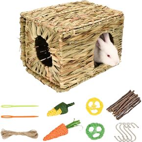 Grass House for Rabbits,Sangle Sopffy,Hand Woven Bunny Grass House,Rabbit Hideout,Natural Grass Hideaway for Bunny Guinea Pig Chinchilla Ferret Hamster Squirrel with Rabbit Chew Toys