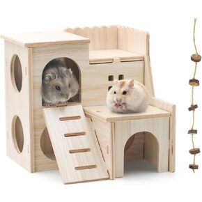 Hamster House and Hideout Wooden Double-Decker Hut Small Cage Accessories for Dwarf Gerbil Mouse Mice Rat Small Animals（8 PCS）