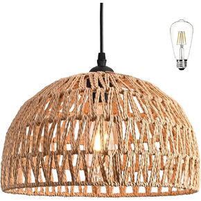 Hemp Rope Woven Pendant Light Woven Light Fixture Boho Chandelier Light Fixture Wicker Pendant Light Rattan Light Pendant Dome Wicker Chandelier for Dining Room Kitchen Island(Bulb Incl.)
