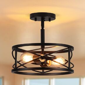 2-Light Semi Flush Mount Ceiling Light, 14-inch Industrial Modern Farmhouse Lighting Fixture with Metal Cage, Oil Rubbed Bronze Finish Ceiling Lamp for Kitchen Hallway Bedroom Living Room