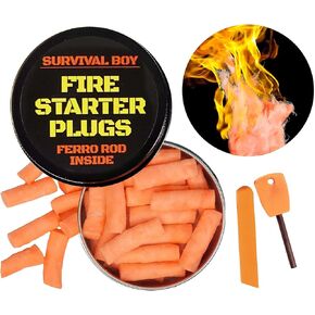 FIRE Starter Plugs (25 Pack) with Ferro Rod in Can | Weather Resistant Fire Starter Can Light 50+ Fires for Campfires, Fireplace, BBQ, Grill, Extra Long Burn Time | Perfect for Emergency Survival Kits