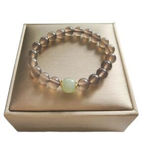Green Jade Bracelet for Women, Natural Grey Agate Bracelet, 14K Gold Plated Beaded Stretch Bracelet, Lucky Jewelry Gift for Her
