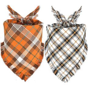 Fall Dog Bandana, Thanksgiving Autumn Dog Bandana Orange Plaid Pet Scarf for Boy and Girl, Seasonal Holiday Reversible Triangle Bibs for Large X-Large Dogs and Cats