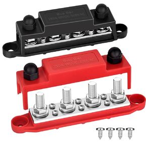 Power Distribution Block Bus bar Terminal Block 4 x 3/8" Posts, 6 x #8 Screws Terminals, 12V 250A (Red & Black)