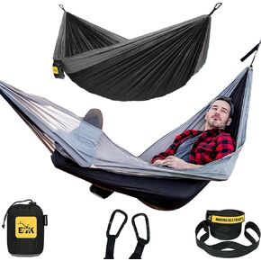 ELK Single Hammock with Tree Straps - Lightweight Parachute Nylon for Outdoor Adventures (Black/Gray, Single)