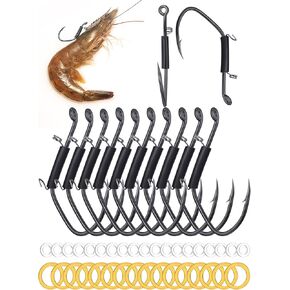 Fishing Hooks - Live Shrimp Fishing Hooks | Premium Carbon Steel Barbed Hooks with 2 Sizes of Rubber Bands for Catfish and Bass, Strong Barbed Hooks Available in 10/30 Packs, Adapt to Various Fishing