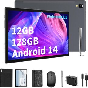 Android Tablet with Keyboard,10 inch Android 14 Tablet, 12GB RAM 128GB ROM, 1TB Expand, 8000mAh, 2.4G/5G WiFi, Bluetooth, GMS Certified, 2 in 1 Tablet with Mouse, Case, Stylus Tablet PC(Black)