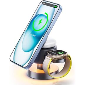 Wireless Charger 4 in1,Wireless Charging Station with Night Light,Portable Travel Wireless Charger for Mag-Safe,Magnetic 15W Wireless Charging Stand for iPhone 16/15/14/13,Apple iWatch Ultra, Airpods