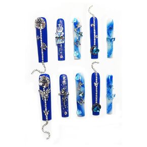 Handmade Reusable Press on Nails Butterfly Sea, Attractive Shiny Beautiful Visional Blue Microglitter Extra Long Square Fake Nails with Crown Teddy Chain in 10pcs Customized Size (Large)