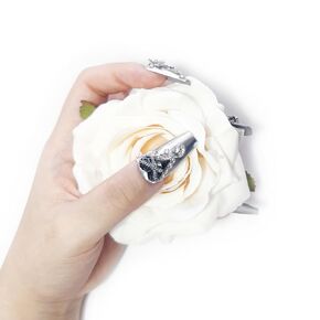 Handmade Reusable Press on Nails Cyber Heart, Cyberpunk Cool Future Machinery Silver Medium Coffin Fake Nails with Butterfly Chain Rose Aurora Rhinestones in 10pcs Customized Size (Medium)