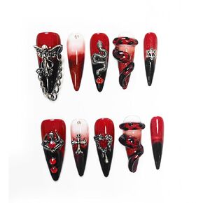 Handmade Reusable Press on Nails Eden Temptation, Decadent Desire Danatical Bloody Red Cat Eye Gel Medium Stiletto Fake Nails with Eve Snack Cross Hexagram in 10pcs Customized Size (Large)