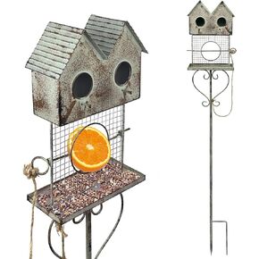 BAYN 47.5" Bird House Feeder Stake Outdoor, Metal Fruit Wild Bird Feeders Double-Hole Birdhouse Stake with Orange Holder Outside Decorations for Patio, Backyard, Yard