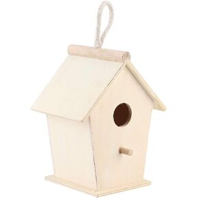 Wooden Bird House Unfinished Hanging Cords Birdhouse for Outdoor Bluebirds Finchs Chickadees Swallows DIY Kids Educationa 7.1 x 3.9 x 5.1 in