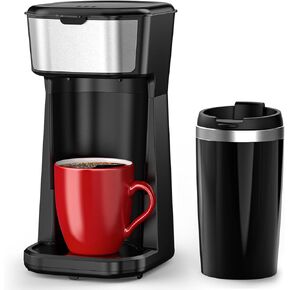 Personal Single Serve Coffee Maker - Quick Brew with Grounds, Pods, and Tea Bags, Includes 14oz Travel Mug, One-Touch Operation