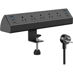 Desk Clamp Power Strip USB C,Under Desk Mount Power Station,20W Fast Charging,Fits 1.9'' Tabletop Edge,Desk Surge Protector,Perfect Home,Office Supplies (White, 5 Outlets & 6 USB Ports & 25 FT Cable)