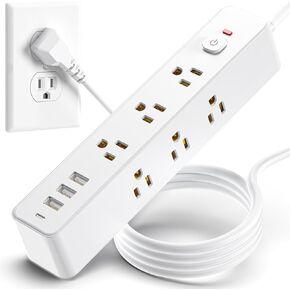 5Ft Power Strip Surge Protector with 9 Outlets & 4 USB Ports (1 USB-C), 1875W/15A, 2100 Joules, Flat Plug, 3-Sided Desk Charging Station for Travel, Home, Office, Dorm Room Essentials, White