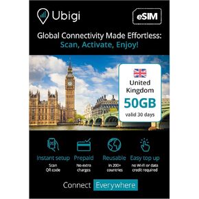 Travel Data Plan United Kingdom- Prepaid International eSIM Card 50 GB Internet Data in 5G/4G/LTE (Data tethering Allowed) for Unlocked iPhone and Android. No Extra Charge or Roaming fees. in Saudi Arabia