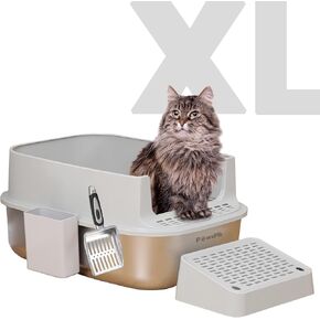 Enclosed XL Stainless Steel Litter Box with high Wall Sides, Leak-Resistant, Easy Cleaning, with Lid, Step, and Metal Scooper (Light Gray)