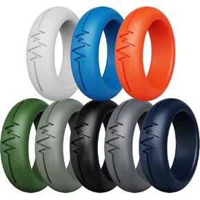 Solid Silicone Ring - Rubber Wedding Rings for Men Lifetime Coverage, Unique Design, Comfort Fit Ring-Radio wave style(8 Pack)