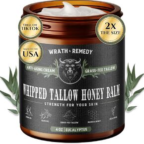 Wrath & Remedy Handmade Whipped Organic Beef Tallow for Skin - 4 OZ (Unscented) — Grass Fed Beef Tallow Moisturizer and Honey Balm for Silky, Sensitive-Skin, Eczema, Rosacea - Free of Harsh Chemicals