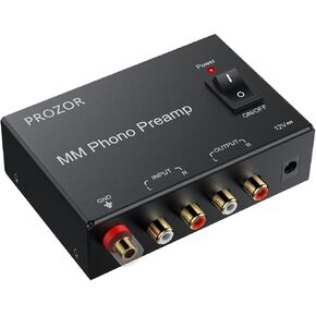 PROZOR MM Phono Turntable preamp - Mini Stereo Audio Low Noise Phono preamplifier with Power Switch, RCA Input, RCA Output, DC 12V Amp Certified Power Adapter Gold-Plated Connectors, Black