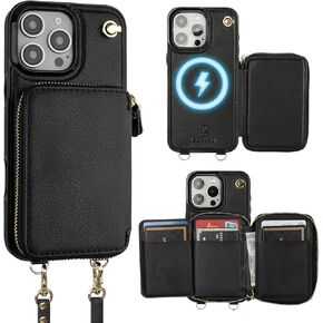Bocasal RFID Blocking Wallet Case for iPhone 16 Pro Max, Adjustable Crossbody Zipper Purse Case Card Holder with Kickstand Detachable Wrist Strap, PU Leather Flip Folio Case 6.9 Inch 5G (Black)
