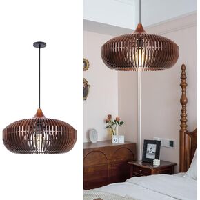 Arturesthome Farmhouse Round Wood Pendant Light, Rustic Wooden Hanging Ceiling Light Fixture for Kitchen Island Cafe Basement Hallway, Coffee