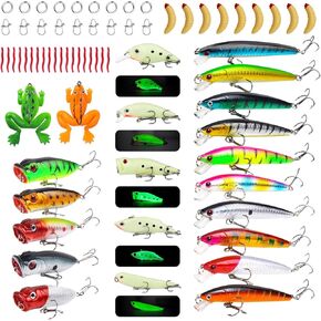 Fishing Artificial Lures Kit Mixed Including Front Diving Fin Minnow Surface Popper Crank Baits Pencil VIB with Hook and Soft Lures Accessories for Saltwater Freshwater Trout Bass Tackle Gift Set