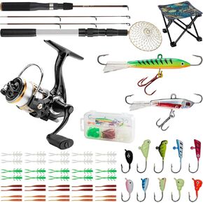 Gonex Ice Fishing Rod Reel Combo Medium Light Carbon Fiber Fiberglass Portable Complete Kit Include Skimmer Spare Rod Spinning Ice Fishing Reel Ice Jig Folding Stool for Winter Fishing