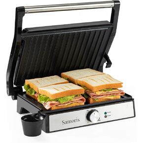Samoris Panini Press Grill Indoor Sandwich Maker with Temperature Setting,4 Slice Non-stick Coated Plates Versatile Grill, Opens 180 Degrees,Indicator Light, Locking Lid,Easy to Storage 1600W
