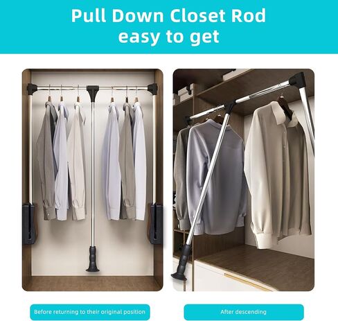 Pull Down Closet Rod 21"-26", Pull Down Adjustable Side Mounted Closet for Kitchen Bedroom High Cabinets, Closet Pull Down Rods Chrome,Two-Way Buffering Side, Heavy Duty Load Capacity in Saudi Arabia