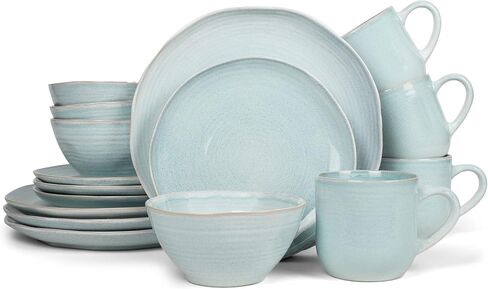 Elanze Designs Reactive Glaze Farmhouse Rustic Boho Ceramic Stoneware Dinnerware 16 Piece Plate Bowl Mug Dish Set - Service for 4, Ice Blue in Kuwait