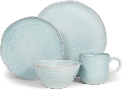Elanze Designs Reactive Glaze Farmhouse Rustic Boho Ceramic Stoneware Dinnerware 16 Piece Plate Bowl Mug Dish Set - Service for 4, Ice Blue in Kuwait