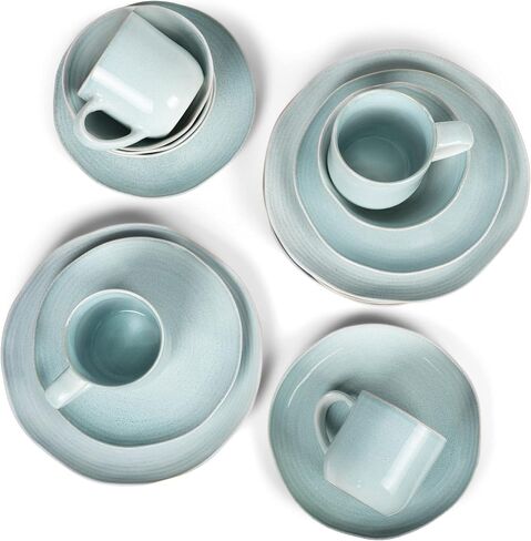 Elanze Designs Reactive Glaze Farmhouse Rustic Boho Ceramic Stoneware Dinnerware 16 Piece Plate Bowl Mug Dish Set - Service for 4, Ice Blue in Kuwait