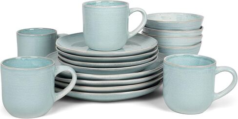 Elanze Designs Reactive Glaze Farmhouse Rustic Boho Ceramic Stoneware Dinnerware 16 Piece Plate Bowl Mug Dish Set - Service for 4, Ice Blue in Kuwait