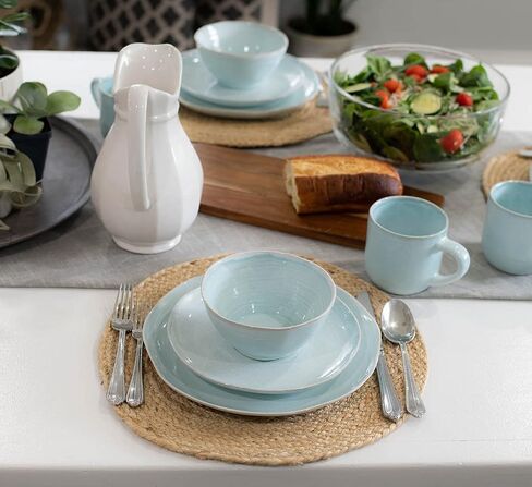 Elanze Designs Reactive Glaze Farmhouse Rustic Boho Ceramic Stoneware Dinnerware 16 Piece Plate Bowl Mug Dish Set - Service for 4, Ice Blue in Kuwait